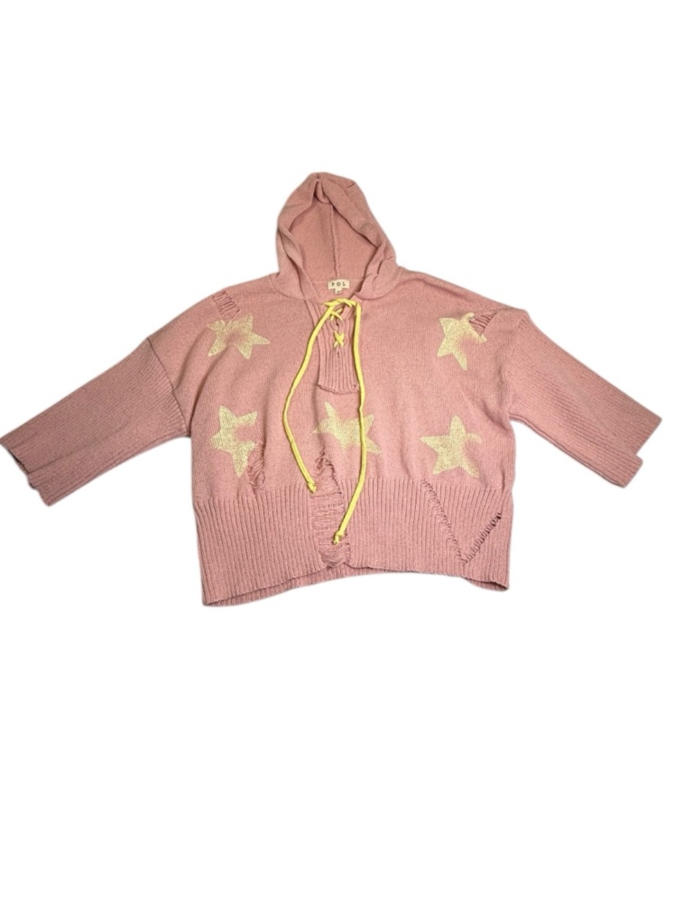 Lace-Up Star Patch Distressed Knit Hoodie pink and‎ yellow #Boho  #coquette - Picture 5 of 7